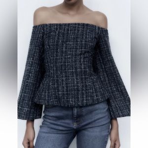 Zara off the shoulder top in black,blue & white tweed. Zipper on right side. XS